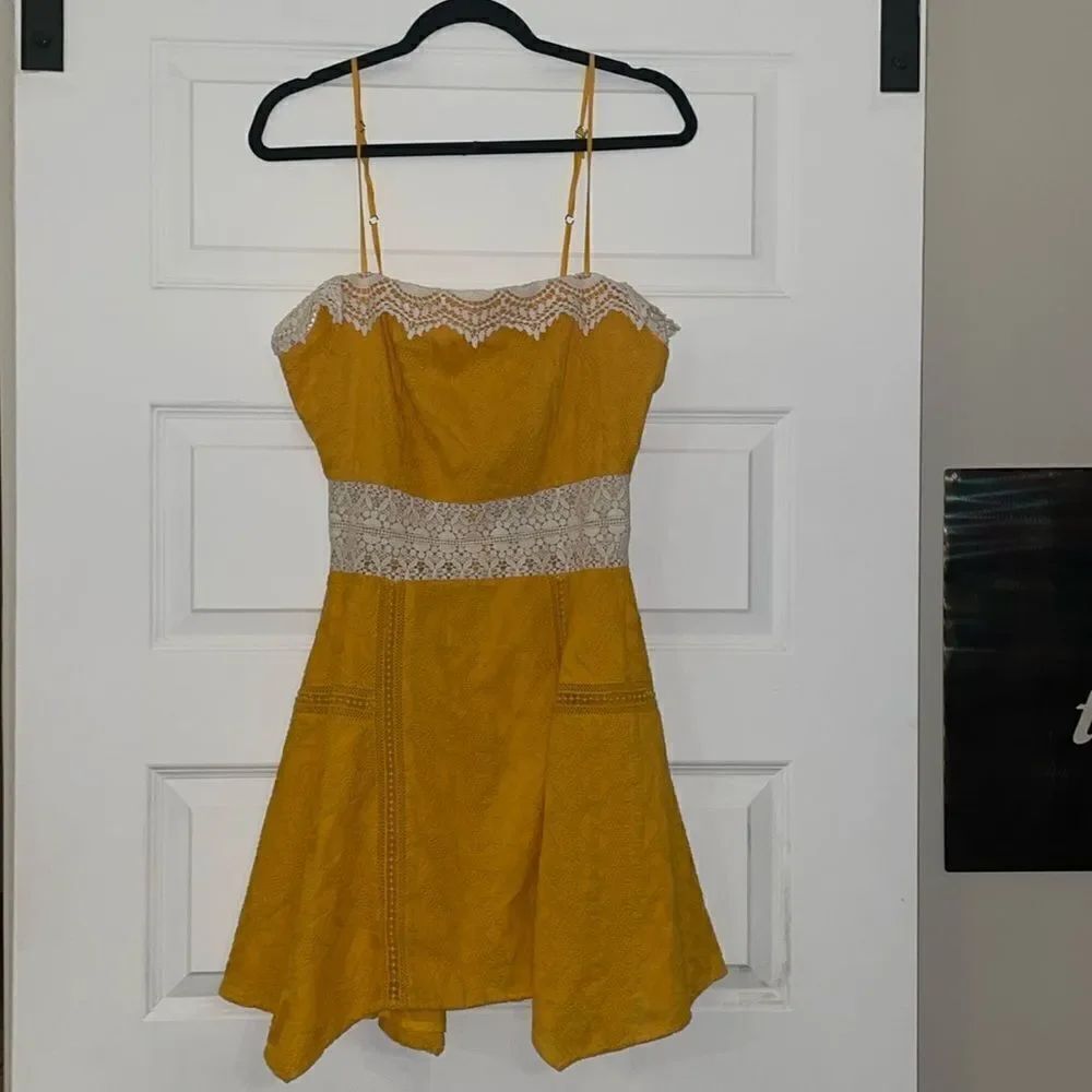 Tularosa Mustard Brocade Sundress with Cream Lace Trim
